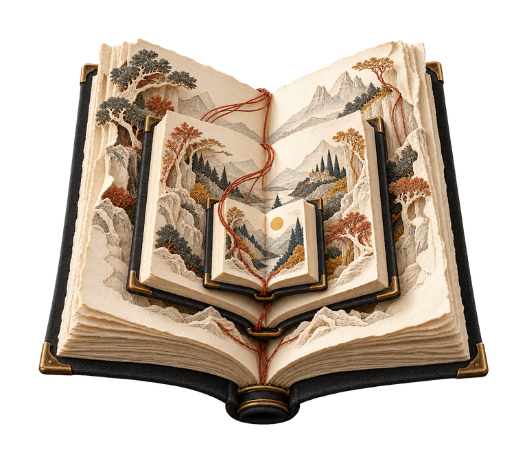 Illustration of nested miniature books revealing successive narrative frames.