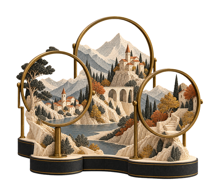 Illustration of three brass viewing frames revealing different parts of one paper landscape.