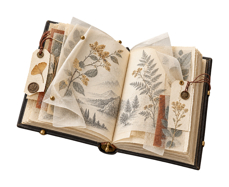 Illustration of an open ledger with vellum sheets, brass pins and tied paper tags.