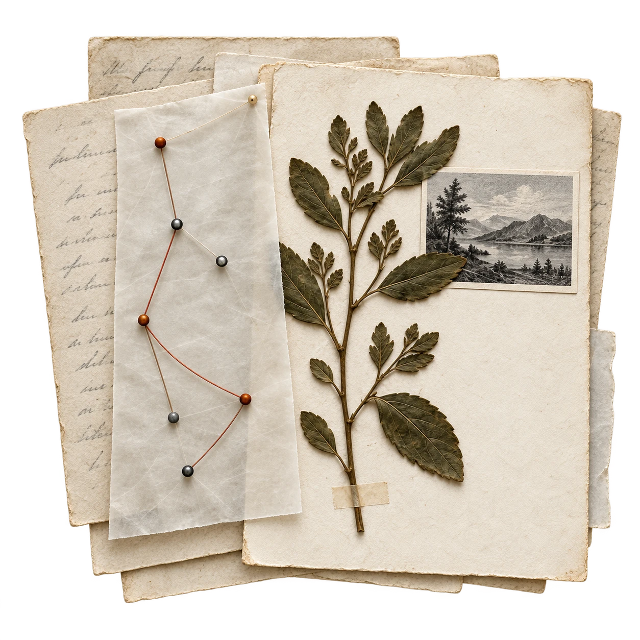 Illustration of a pressed plant resting on layered paper pages.